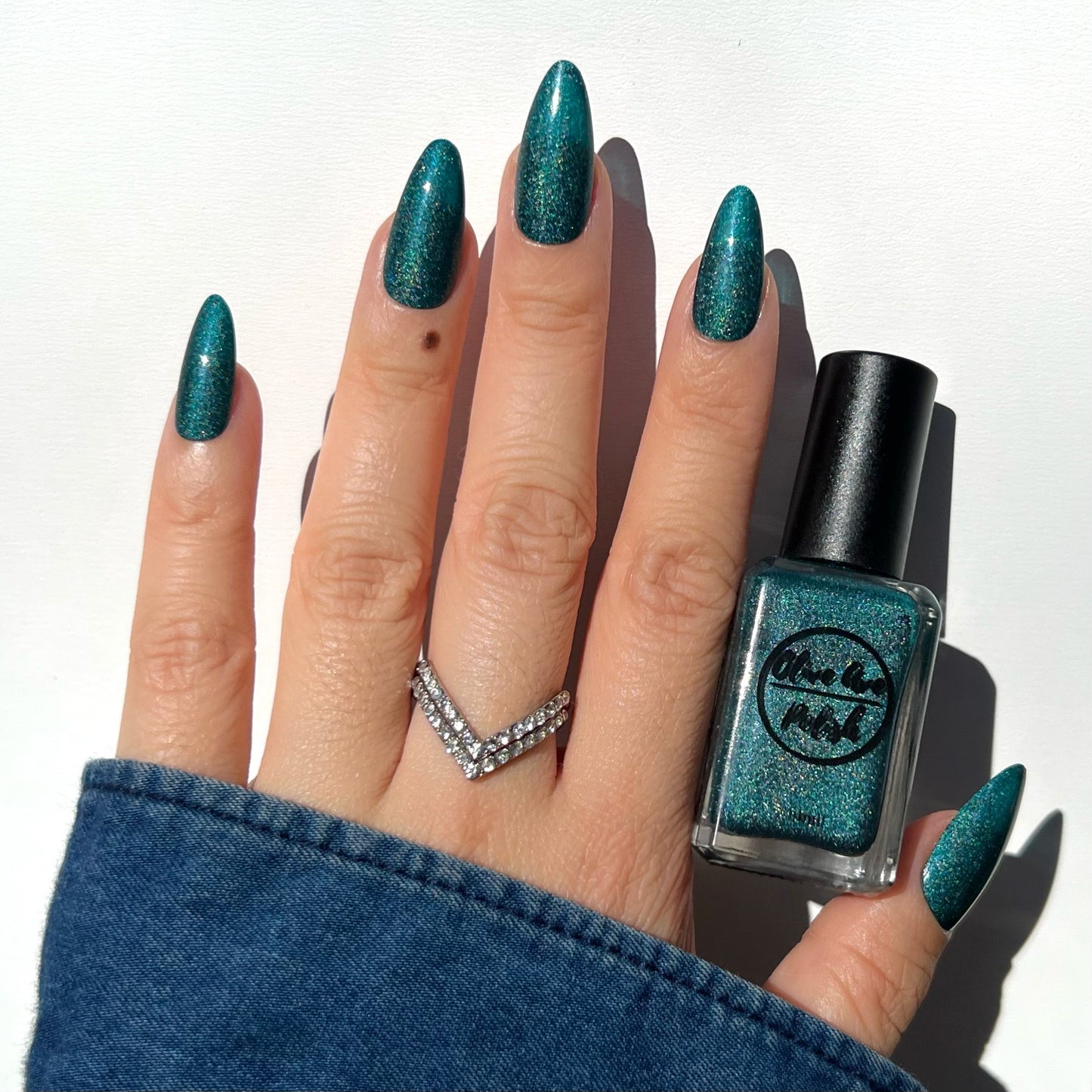 Teal Blue holographic nail polish swatch on pale skin tone