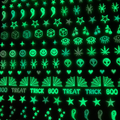 glow in the dark nail art stickers spiderwebs, aliens, smiley faces