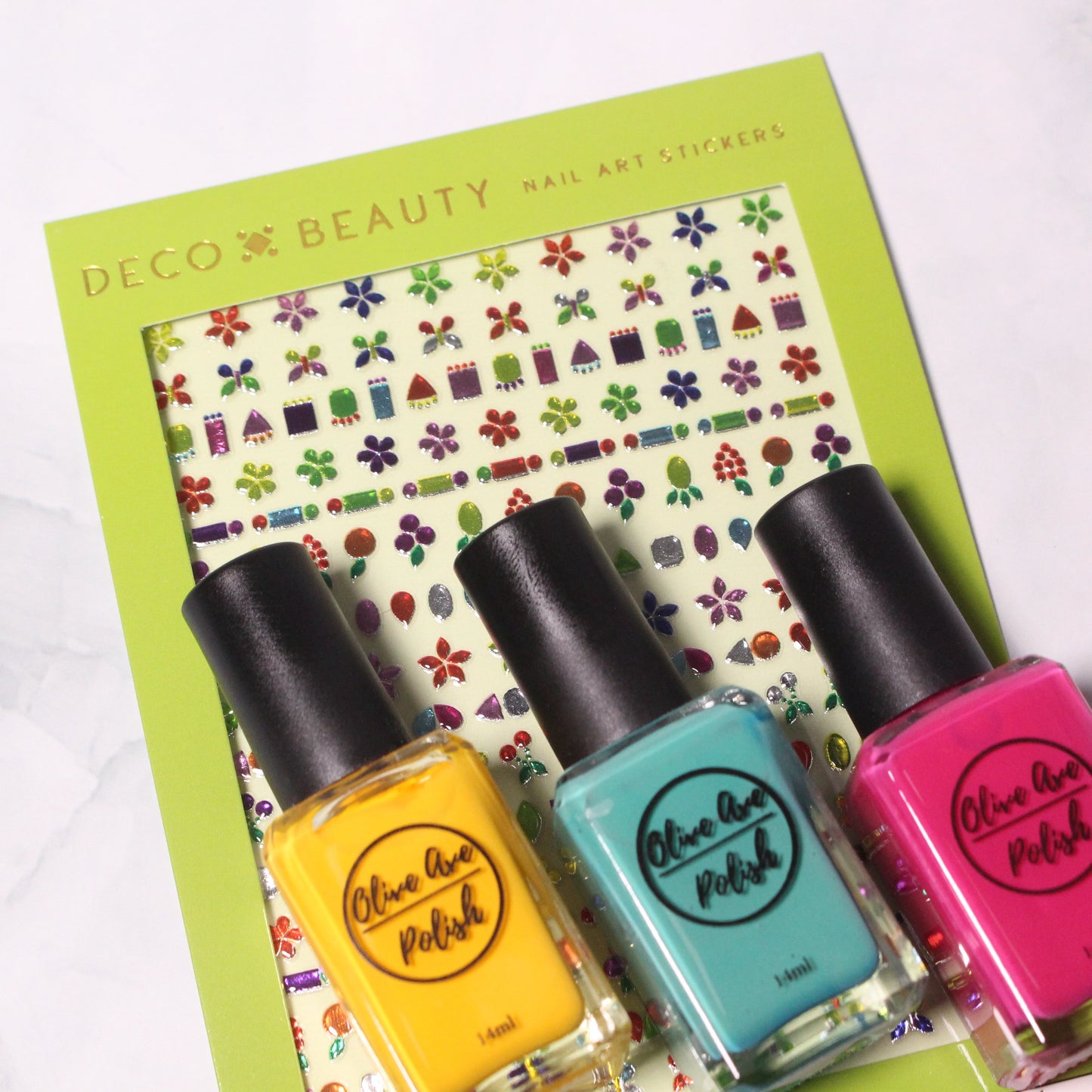 tutti fruitti nail art sticker gems and matching colored nail polish
