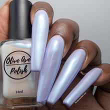 Load image into Gallery viewer, White pearl nail polish swatch on deep skin tone