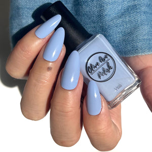light periwinkle nail polish swatch on pale skin tone
