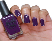 Load image into Gallery viewer, deep purple nail polish swatch on pale skin tone